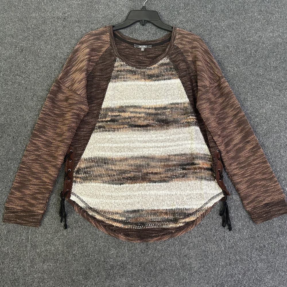 Miss Me Women's M Knit Sweater Textured Ombré Brown Gray Stripe Long Sleeve